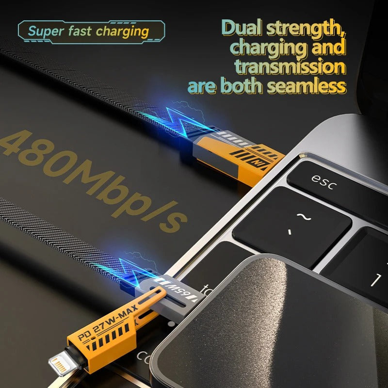 4 In 1 Data Cable Pack Of 2 – USB-C & Lightning Connectors, Braided Durable Design, Fast Charging