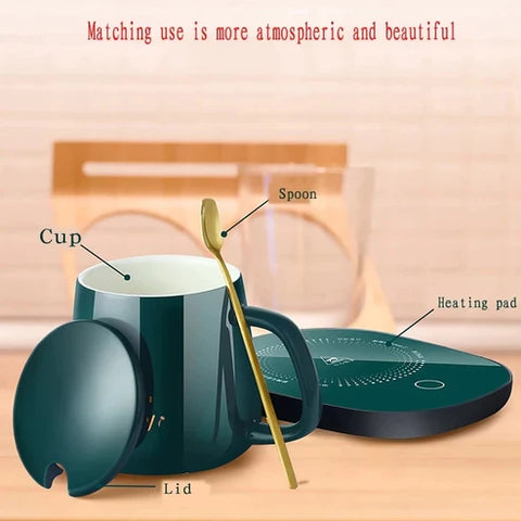 Ceramic Coffee Cup with Automatic Heating Pad | only in green color.